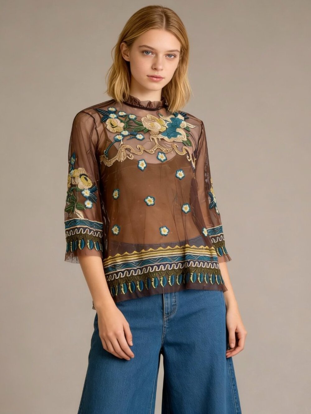 NWOT Johnny Was Biya Mesh Floral Flowers Sheer Embroidered Blouse Brown Size S